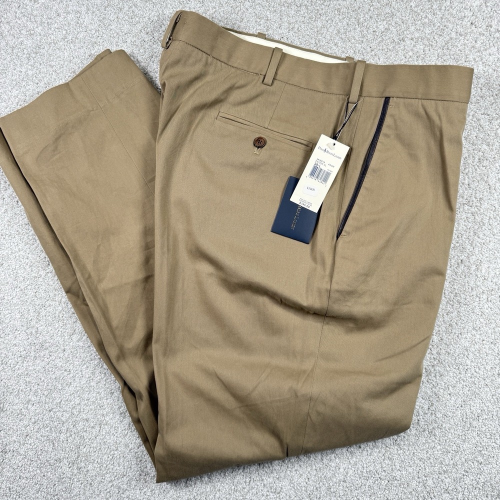 NEW Polo Ralph Lauren Khaki Pants Mens 38 Leather Trim Twill Chino Trousers